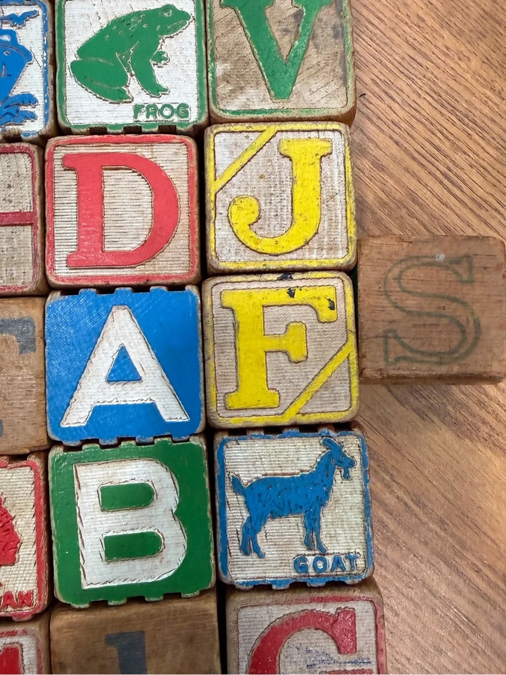 Vintage Antique Wooden Children's Toy Alphabet 43 Blocks Distressed 4 Sided